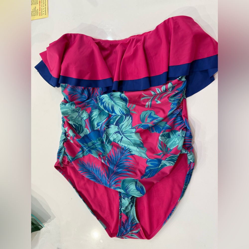 Oasis Pink Tropical One-Piece Swimsuit with Blue Leaf Print XL